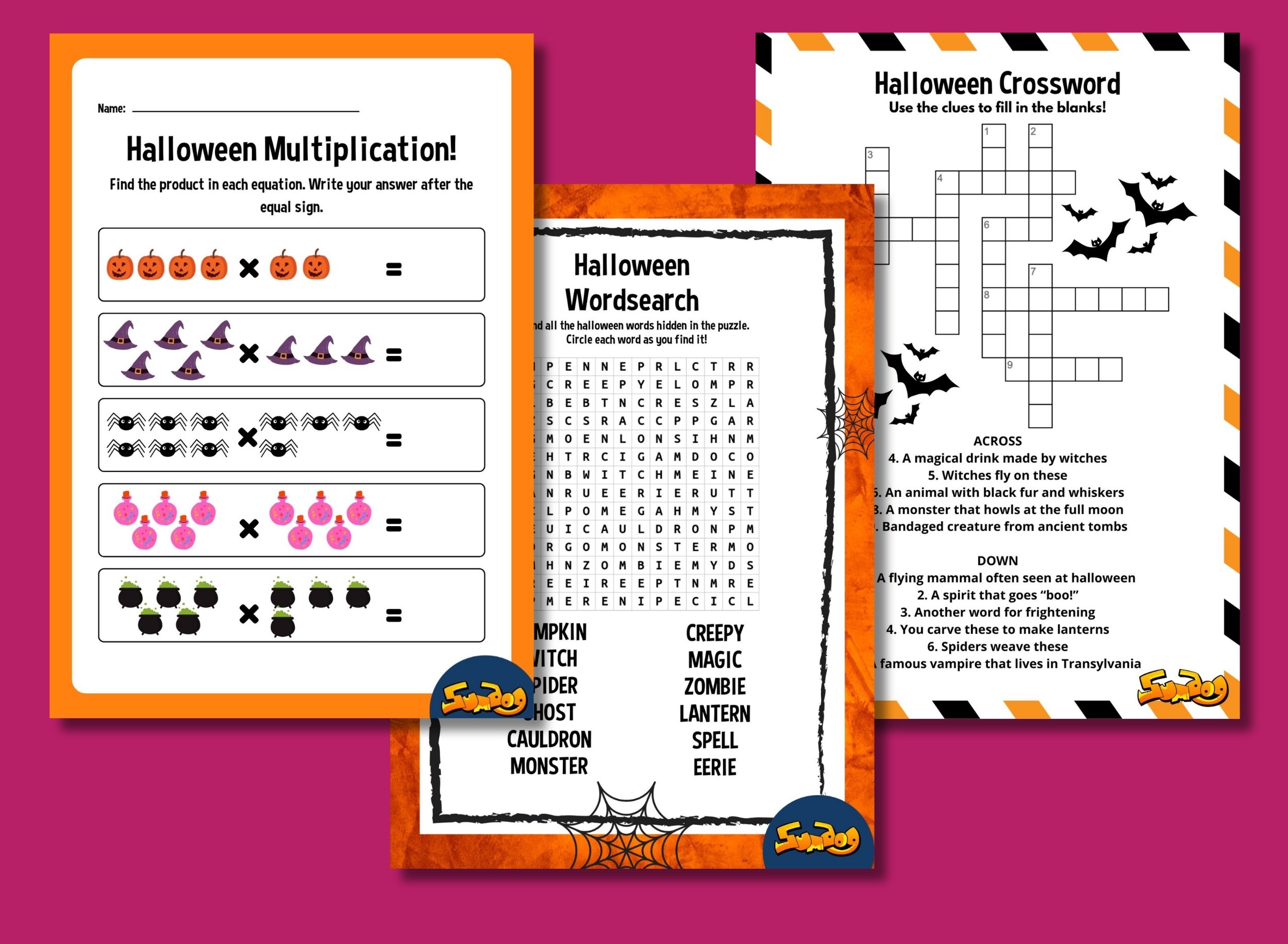 Images of the Sumdog Halloween worksheets from inside the pack