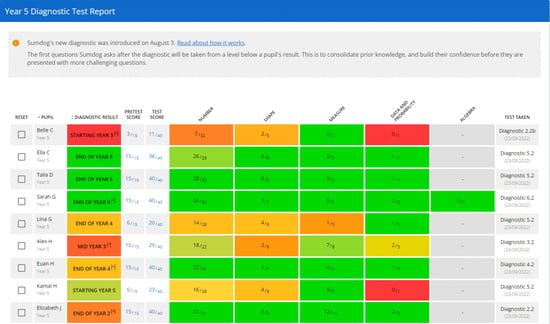 teachers view of a class diagnostic report on Sumdog