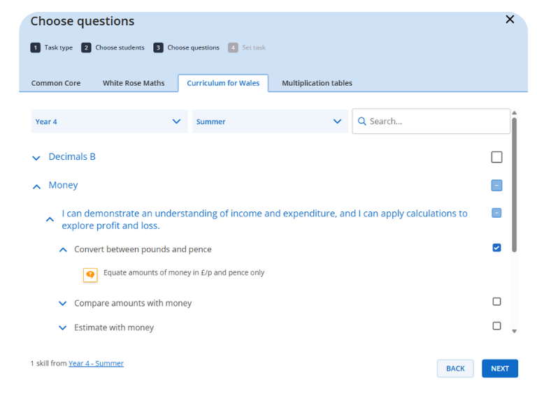 Screenshot of the Curriculum for Wales alignment on Sumdog