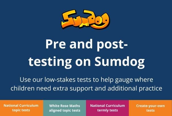 Sumdog free maths tests brochure cover – pre and post-testing resources for teachers
