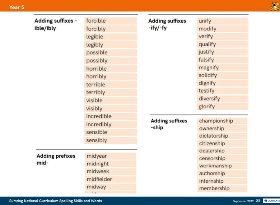 Sumdog's Year 5 spelling word list