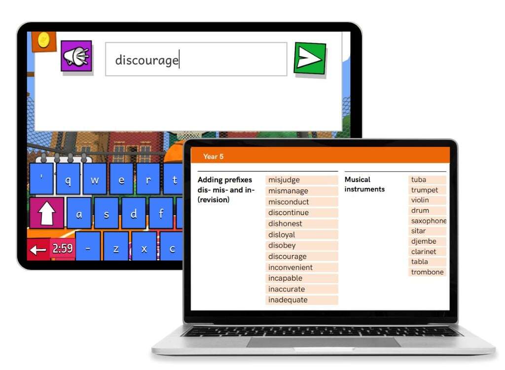Sumdogs spelling curriculum coverage with example questions on tablet and laptop-1