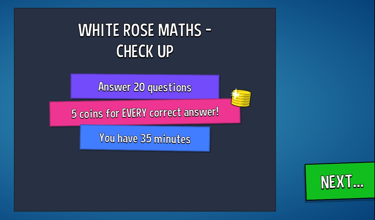 Sumdog White Rose Maths Assessment screen - Kids view