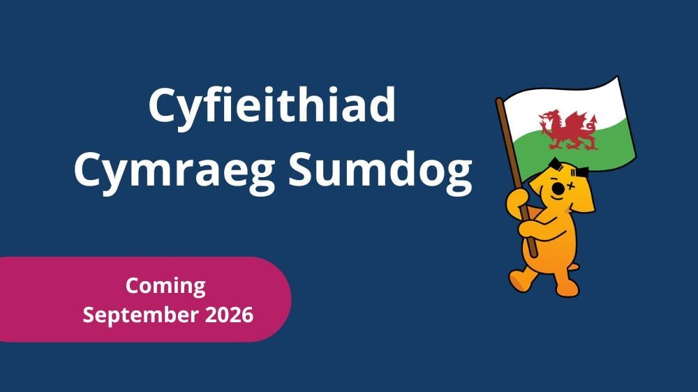 Iamge of Sumdog waving a welsh flag announcing our Welsh Sumdog Maths translation coming in September 2026